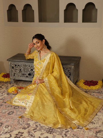 Woven Embroidery Tissue Kurta With Pants & Dupatta