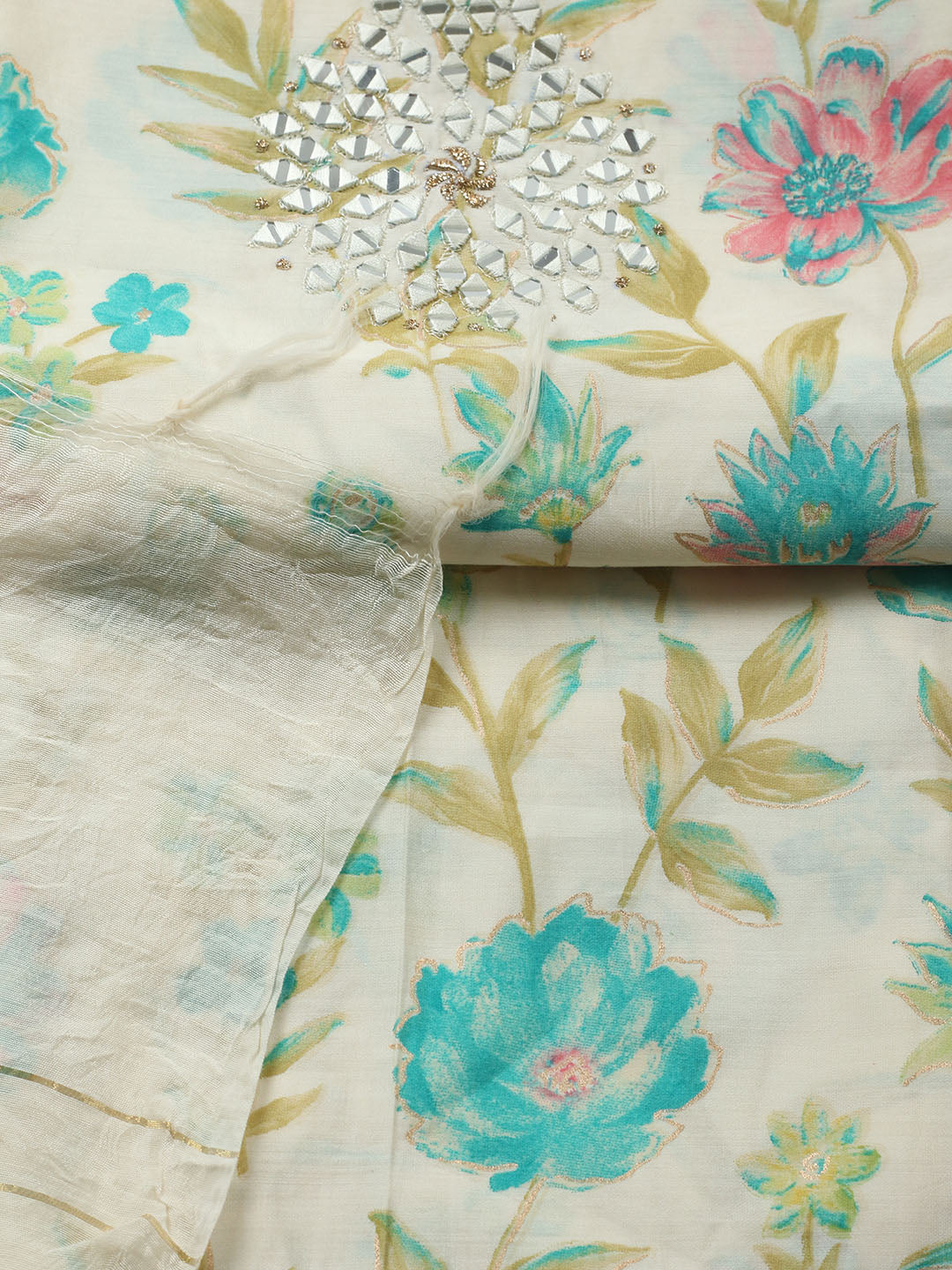 Embroidered Cotton Blend Unstitched Suit With Pant &amp; Dupatta