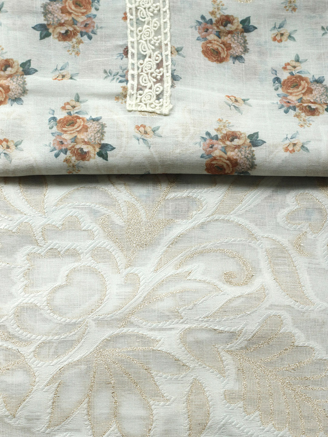Embroidered Linen Blend Unstitched Suit With Pant &amp; Dupatta