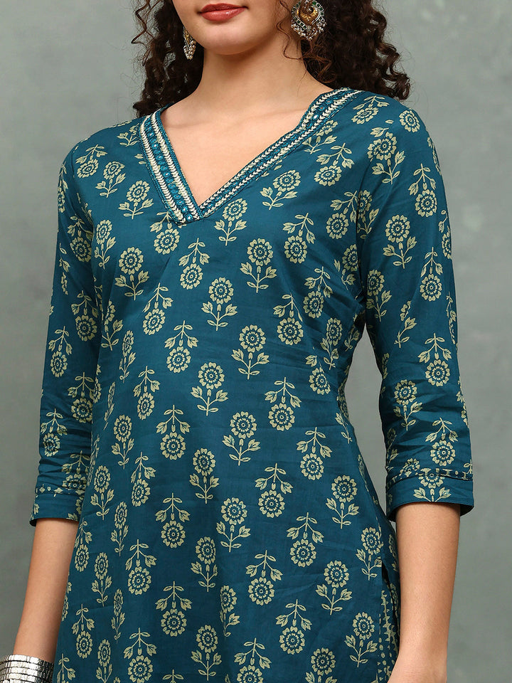 Printed Cotton Blend Kurta With Pants &amp; Dupatta