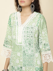 Printed & Panel Embroidery Cotton Kurta With Pants