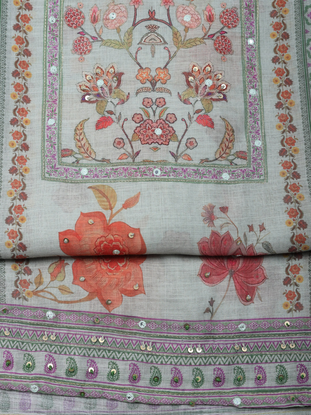 Printed Linen Blend Unstitched Suit With Pant &amp; Dupatta