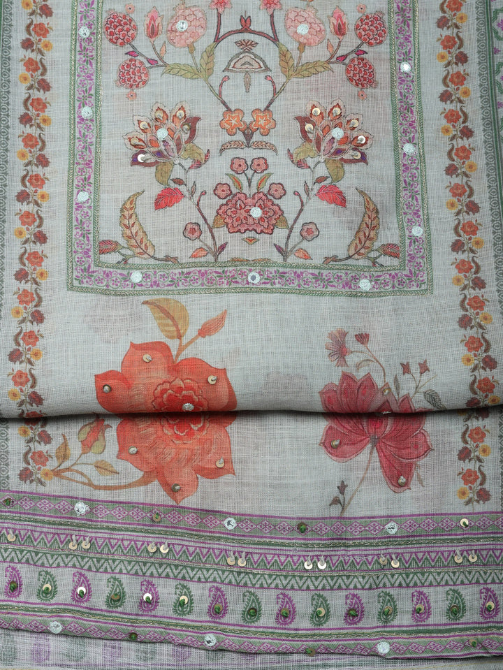 Printed Linen Blend Unstitched Suit With Pant &amp; Dupatta