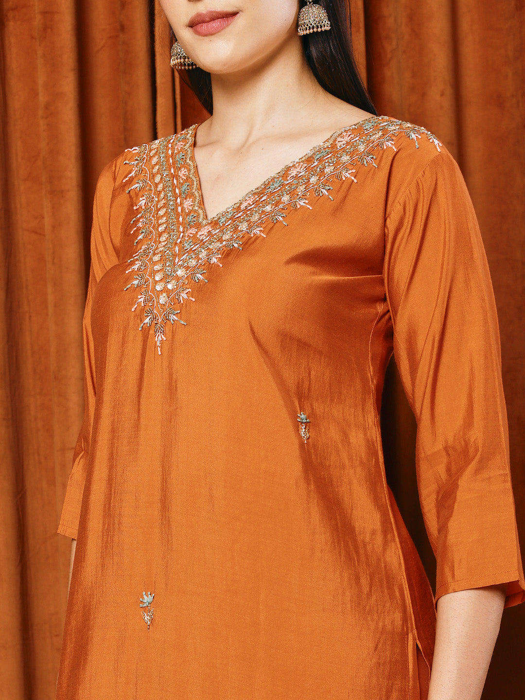 Embroidered Cotton Blend Kurta With Pants & Dupatta