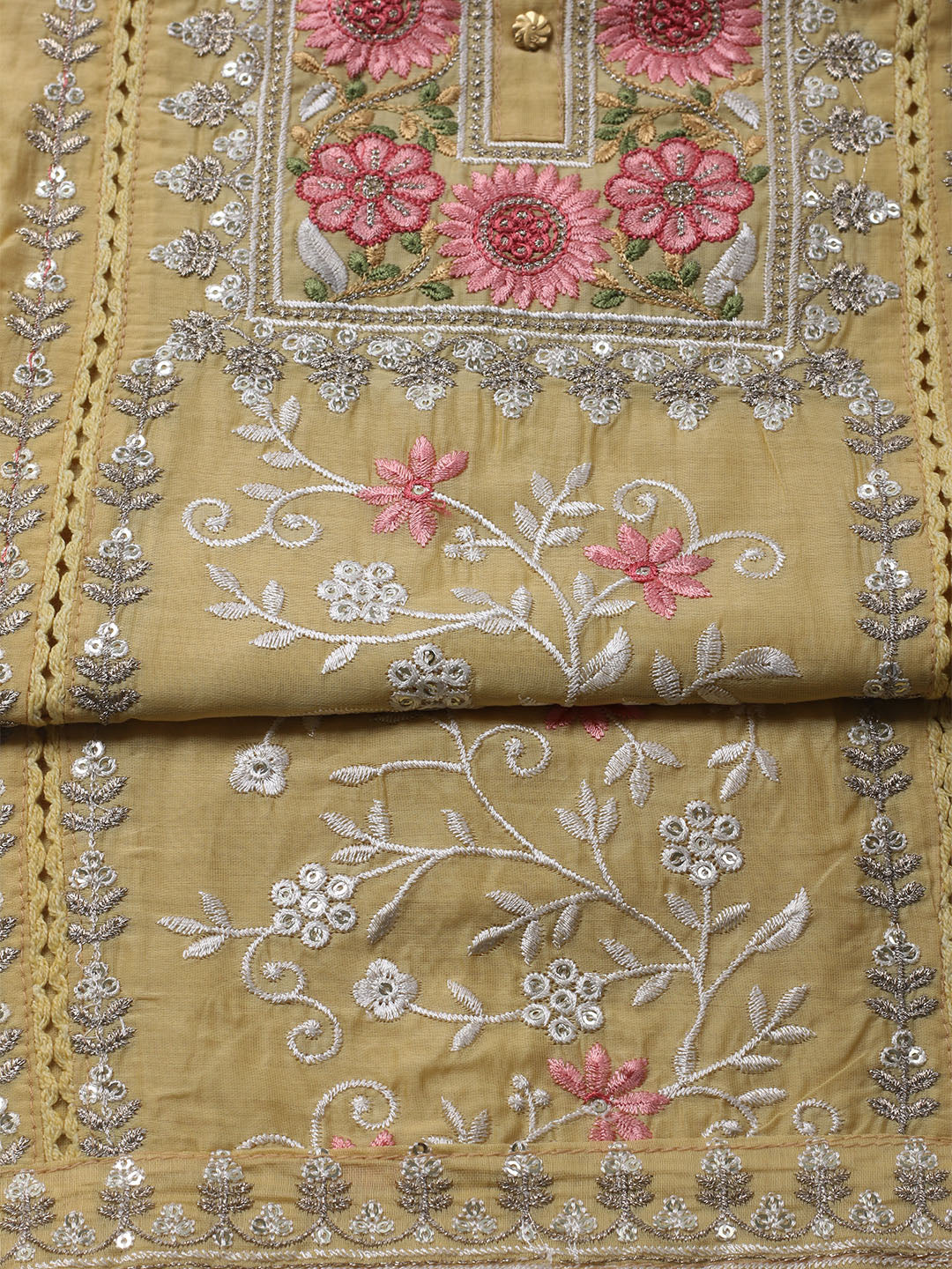 Embroidered Chanderi Unstitched Kurta With Pant &amp; Dupatta