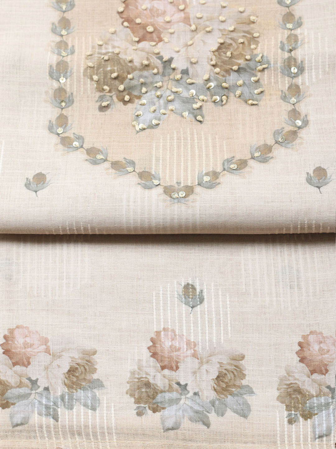 Embroidered Linen Blend Unstitched Suit With Pant Dupatta