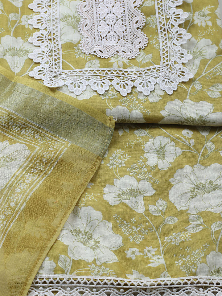 Embroidered Linen Blend Unstitched Suit With Pant &amp; Dupatta