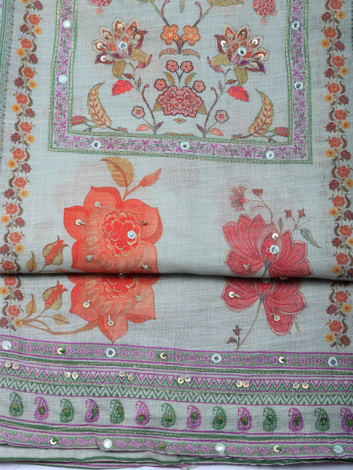 Printed Linen Blend Unstitched Suit With Pant &amp; Dupatta