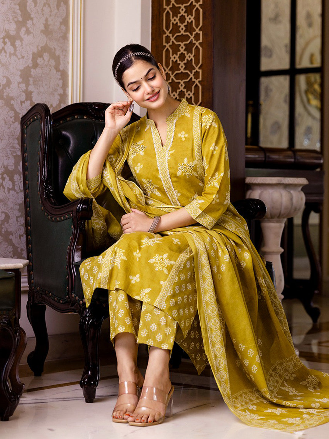 Printed Cotton Blend Kurta With Pants & Dupatta
