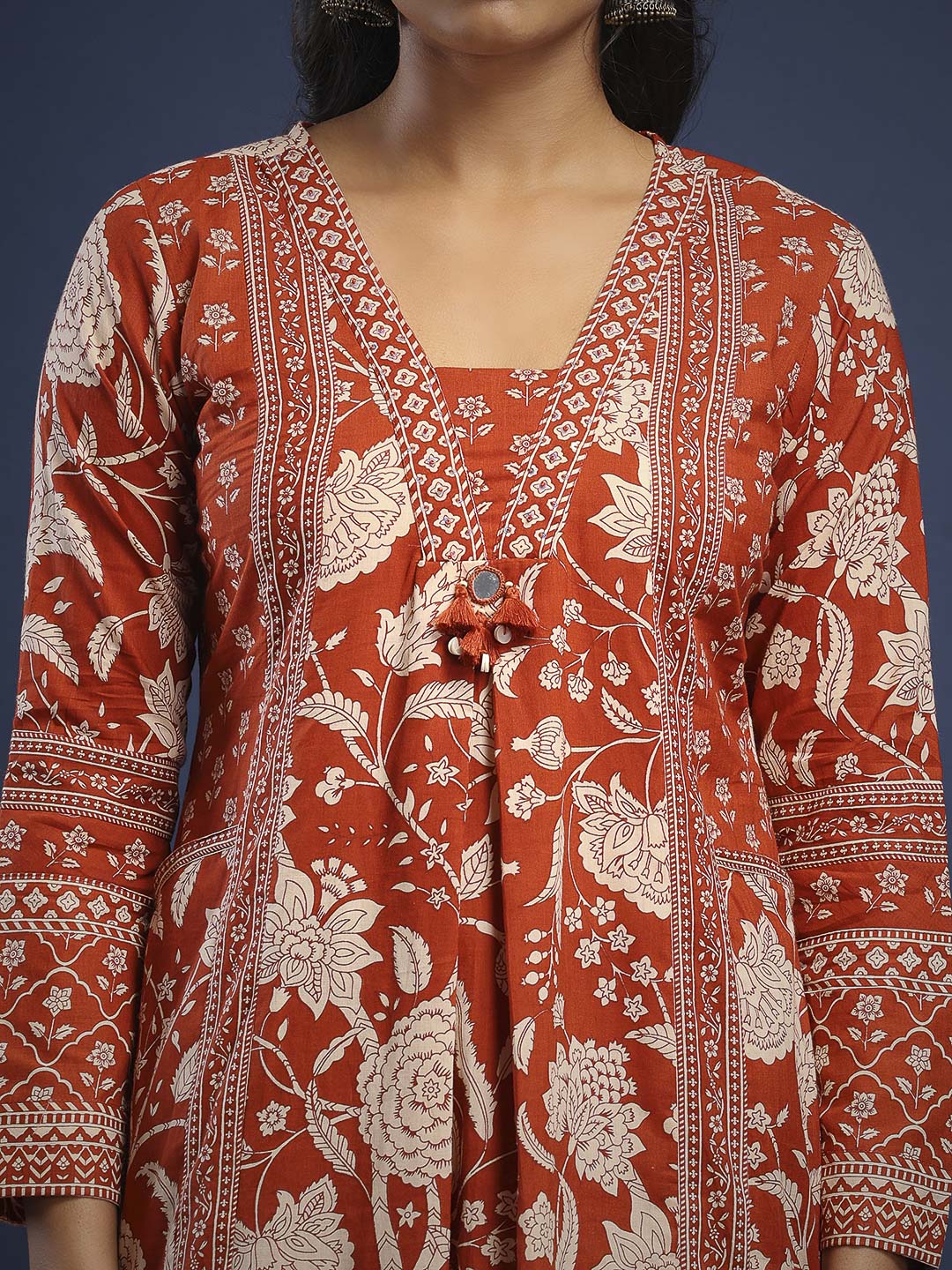 Rust Cotton Blend Printed A Line Suit Set