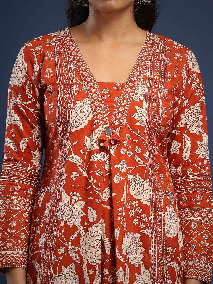 Rust Cotton Blend Printed A Line Suit Set
