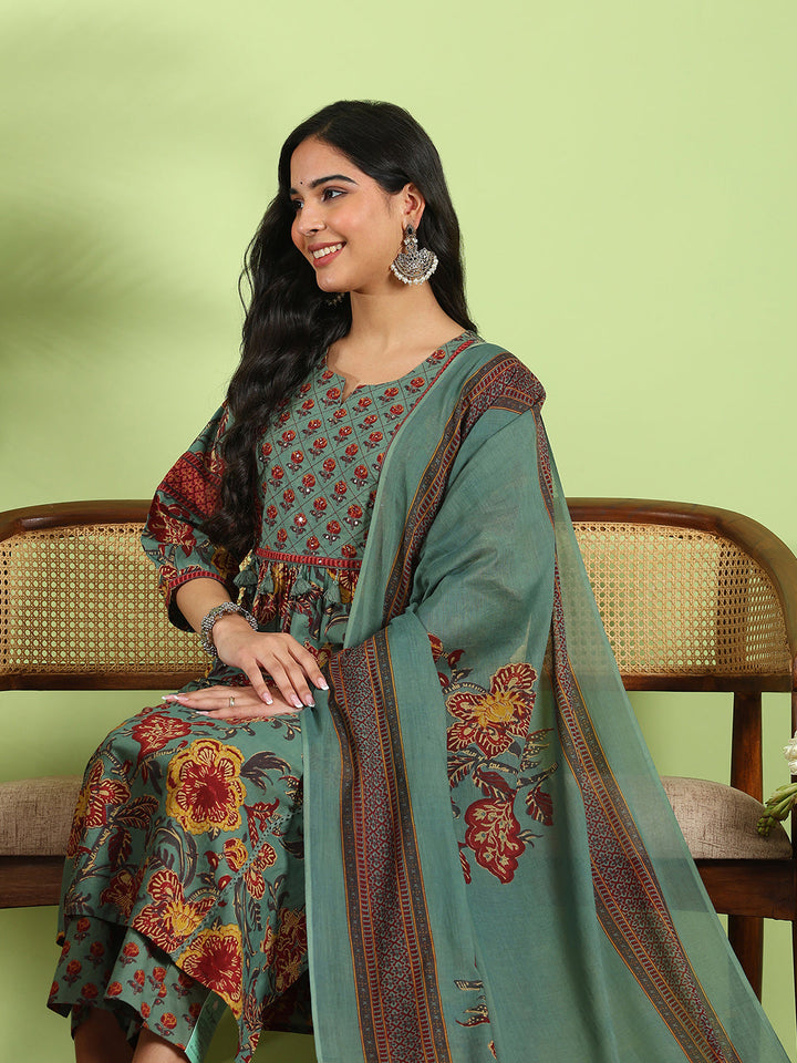 Printed Cotton Kurta With Pant &amp; Dupatta