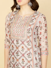 Floral Printed Chanderi Kurta With Pants & Dupatta