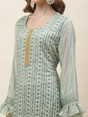 Resham Sequin Embroidered Art Silk Kurta With Sharara & Dupatta