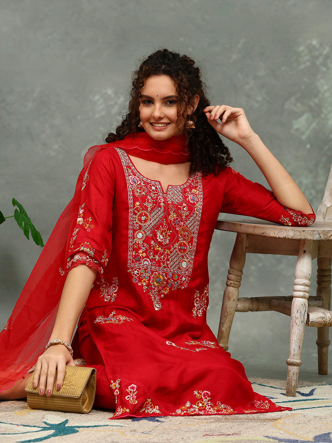 Resham Work Art Silk Kurta With Pants & Dupatta
