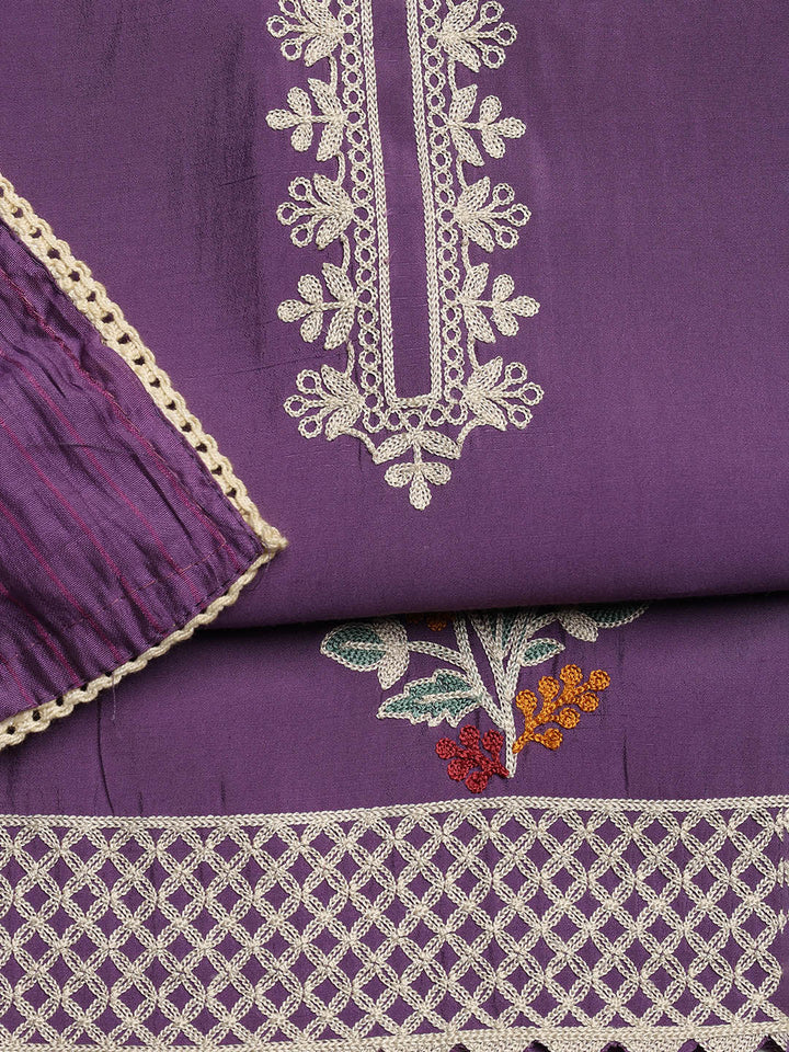 Embroidered Chanderi Unstitched Suit With Dupatta