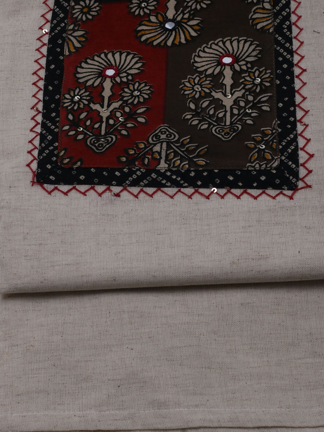 Patch Neck Cotton Blend Unstitched Suit With Dupatta