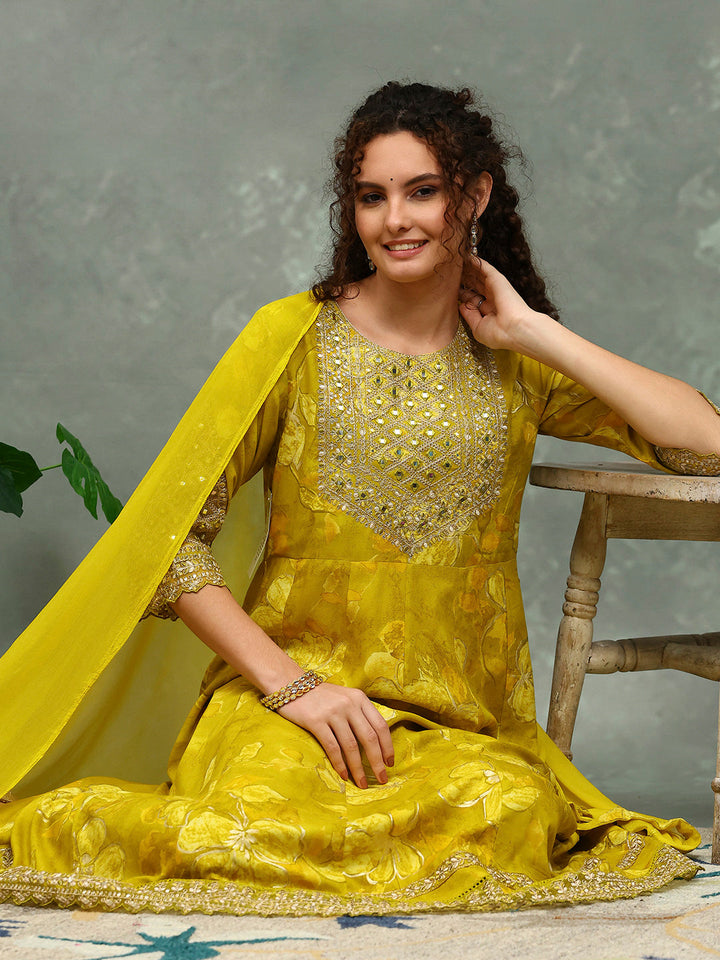 Printed Cotton Blend Kurta With Pants &amp; Dupatta