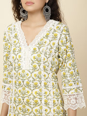 Printed & Panel Embroidery Cotton Kurta With Pants