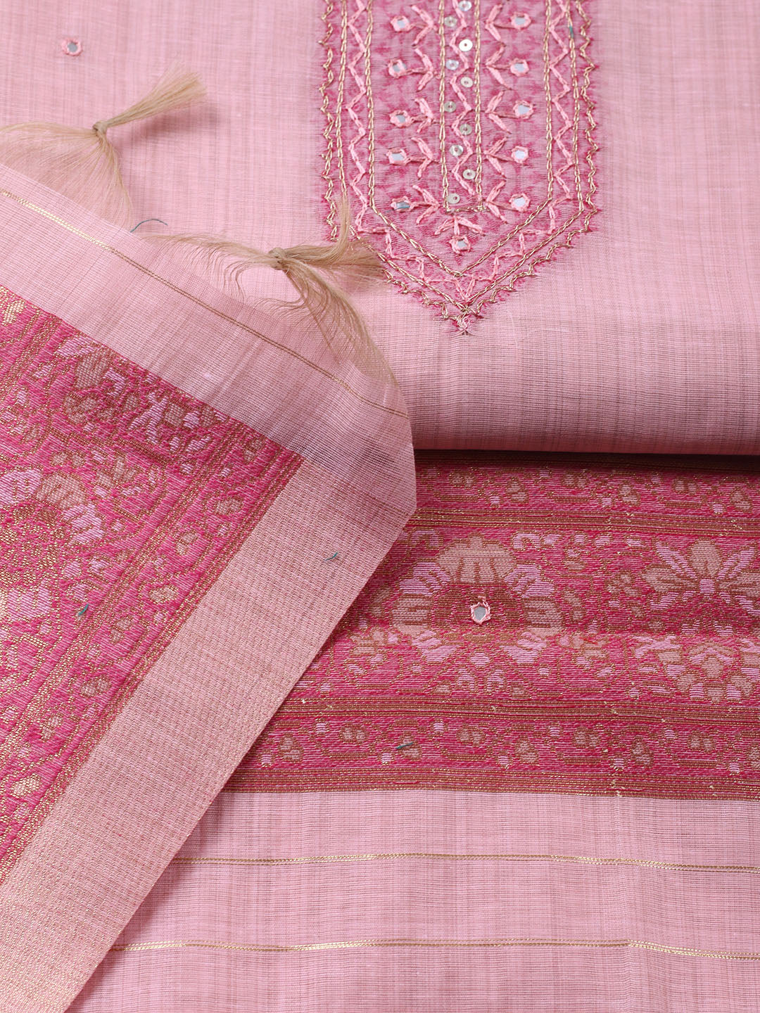 Embroidered Chanderi Unstitched Suit With Pant &amp; Dupatta