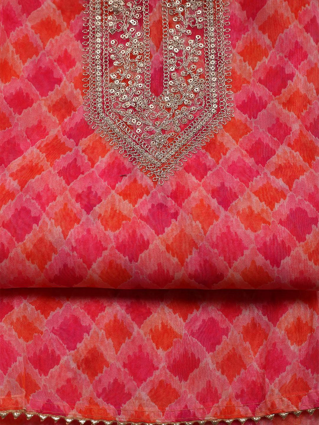 Neck Embroidered &amp; Printed Organza Unstitched Suit With Dupatta