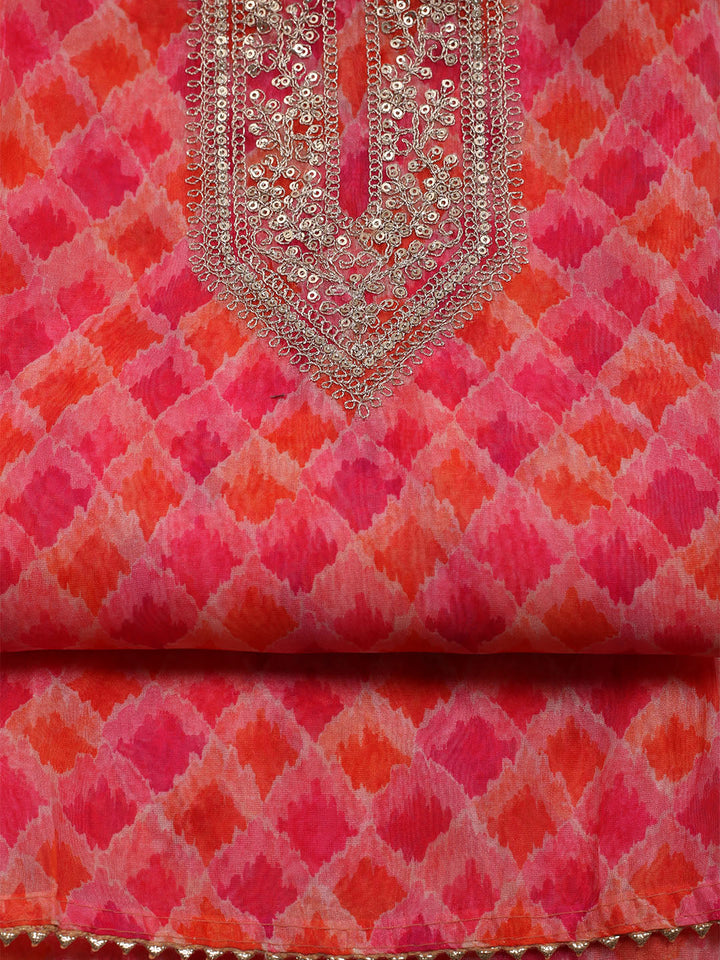 Neck Embroidered &amp; Printed Organza Unstitched Suit With Dupatta