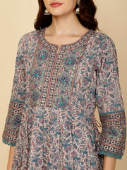 Floral Block Printed Anarkali Kurta With Pants & Dupatta