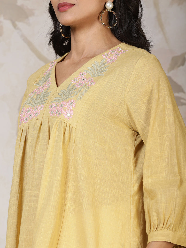 Yellow Cotton Printed Kurti