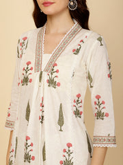 Block Printed Cotton Kurta With Palazzo & Dupatta