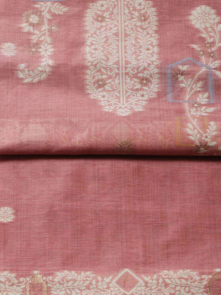 Printed Chanderi Unstitched Suit With Pant &amp; Dupatta