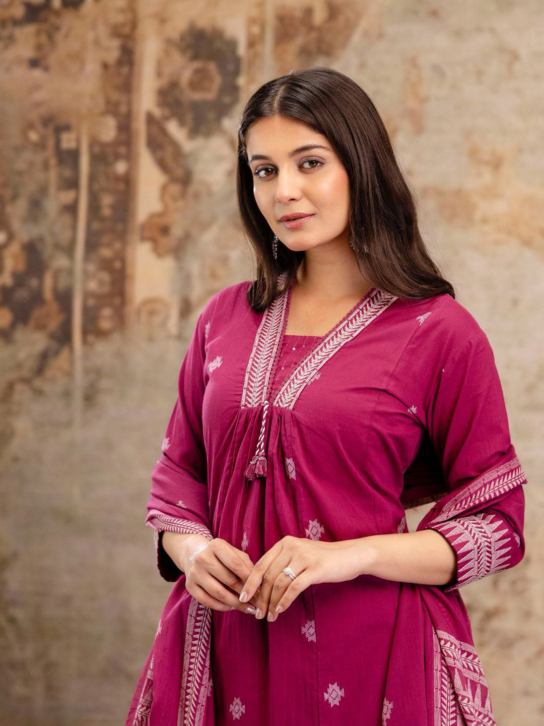Wine Cotton Blend Printed Straight Suit Set