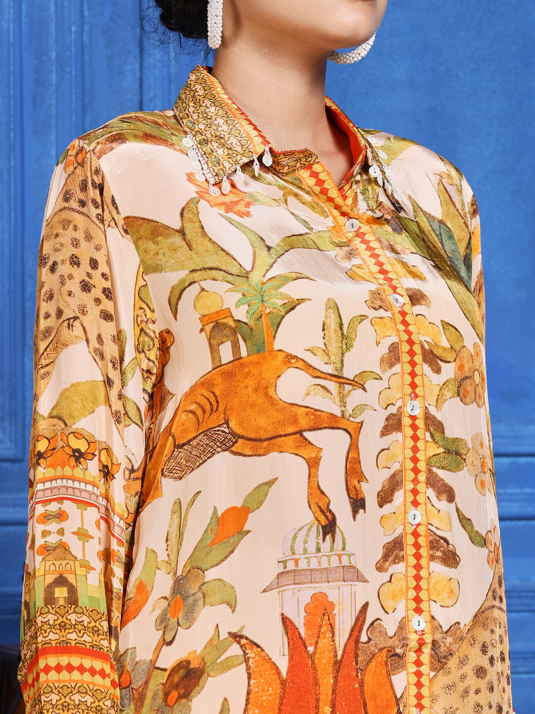 Beige Multicolor Crepe Printed Band Collar Kurti