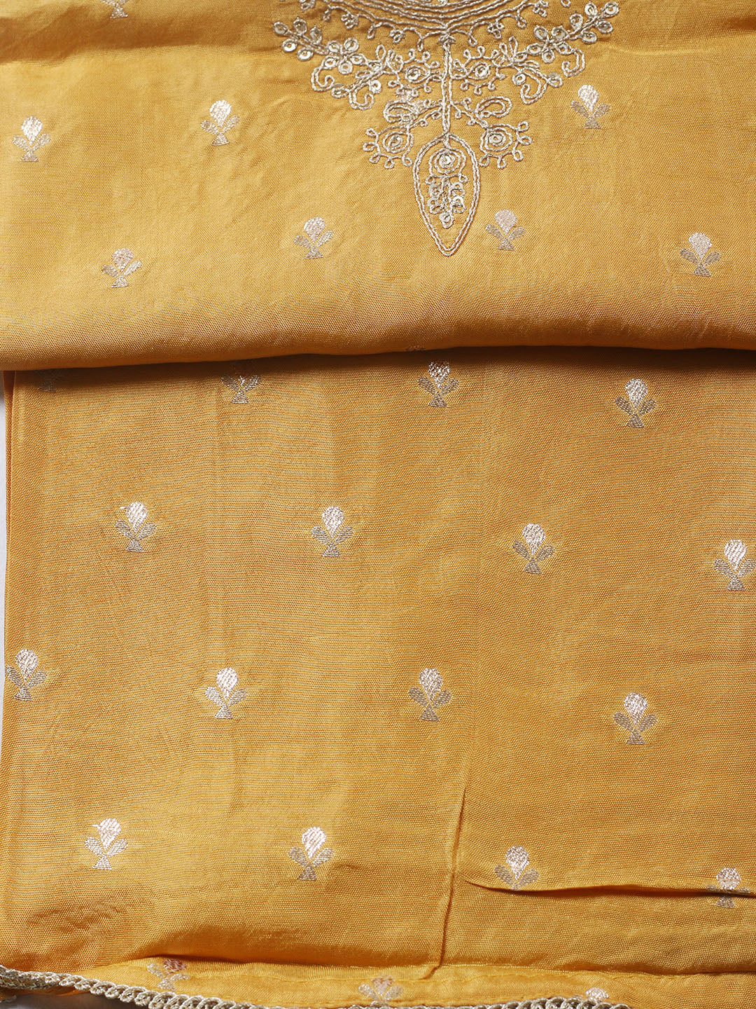 Embroidered Chanderi Unstitched Suit With Pant &amp; Dupatta
