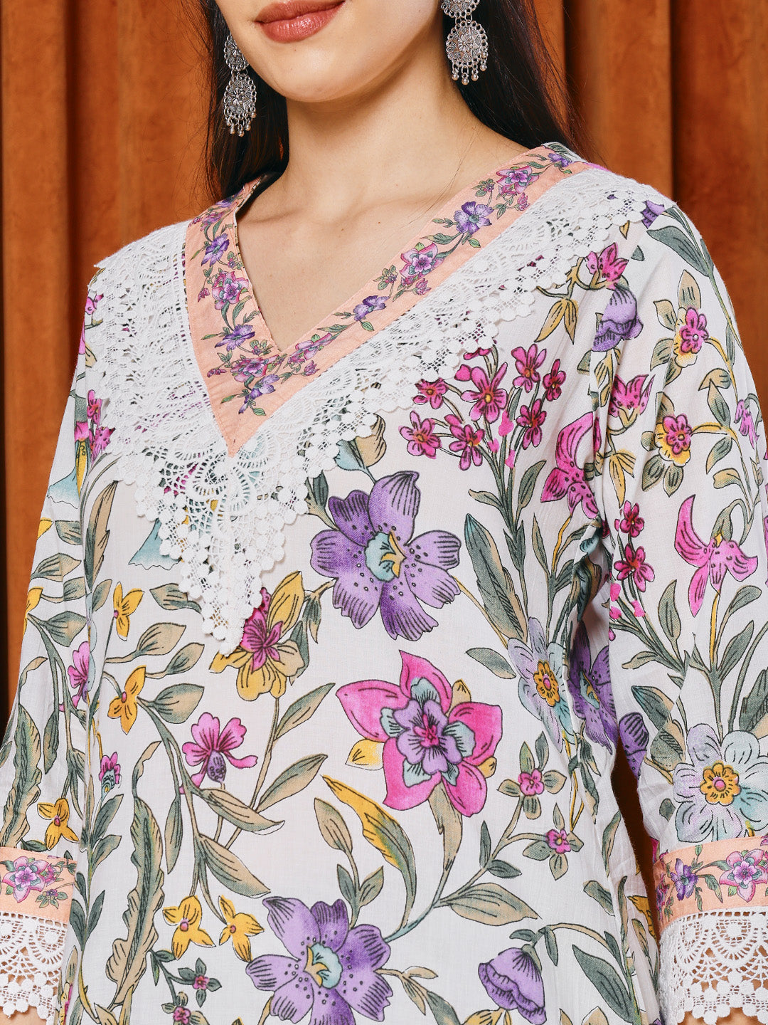 Floral Parinted Cotton Blend Kurta With Pants & Dupatta
