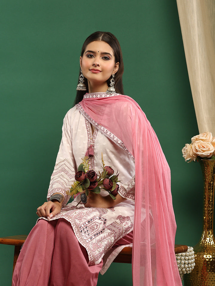 Embroidered Cotton Blend Kurta With Pant &amp; Dupatta