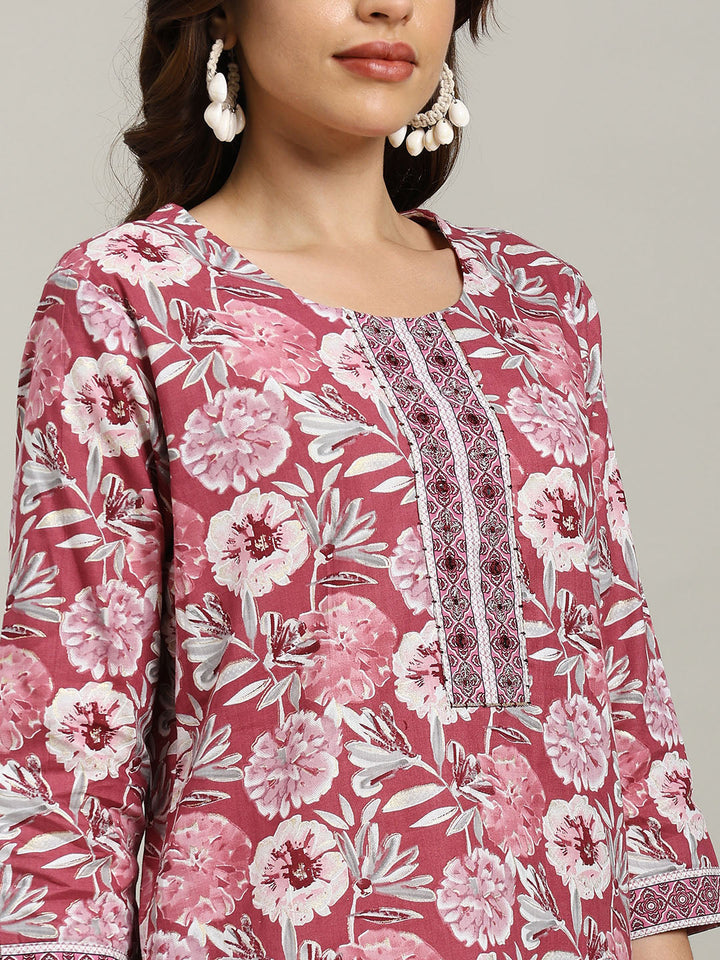 Floral Parinted Cotton Blend Kurta With Pants &amp; Dupatta