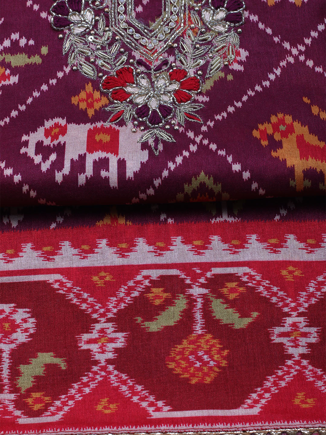 Patola Printed Tussar Unstitched Suit With Dupatta