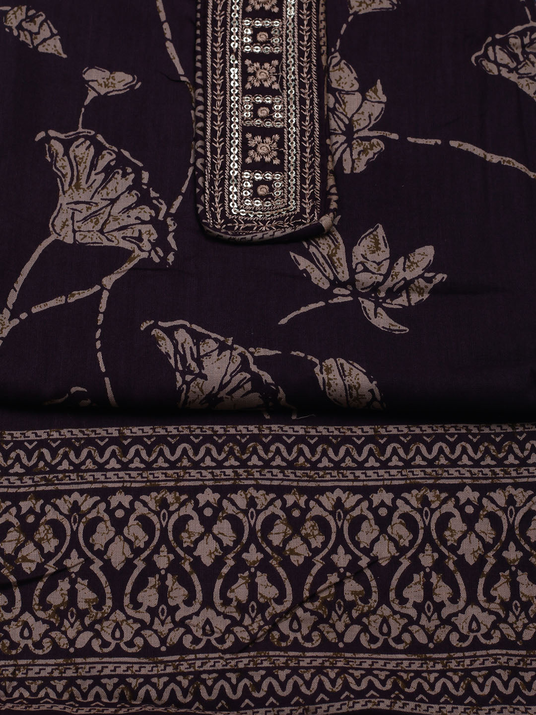 Patch Neck Cotton Blend Unstitched Suit With Dupatta
