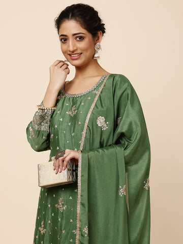 Resham Sequin Embroidery Chinnon Kurta With Garara & Dupatta