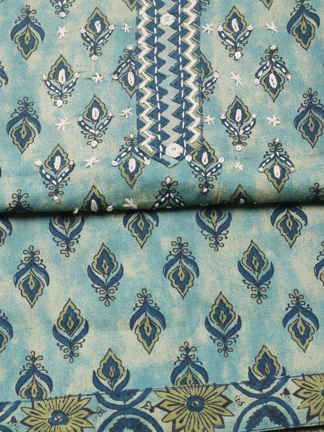Printed Cotton Blend Unstitched Suit With Pant &amp; Dupatta