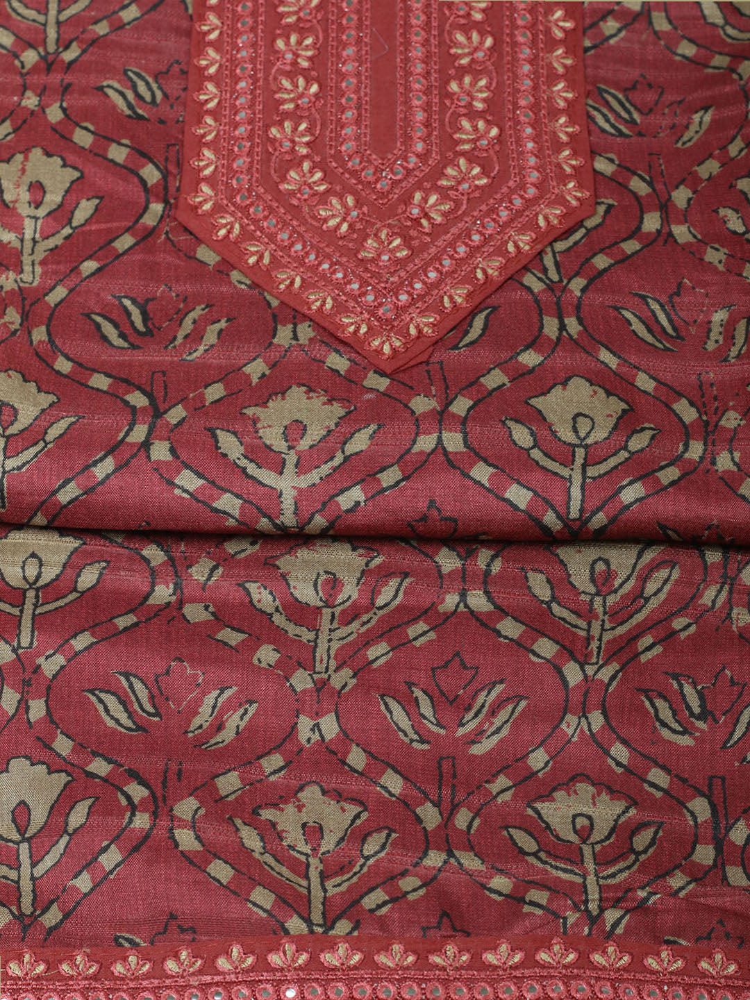 Embroidered Chanderi Unstitched Suit With Pant &amp; Dupatta