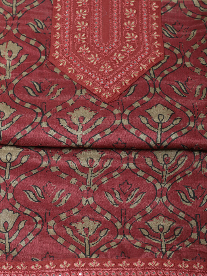 Embroidered Chanderi Unstitched Suit With Pant &amp; Dupatta