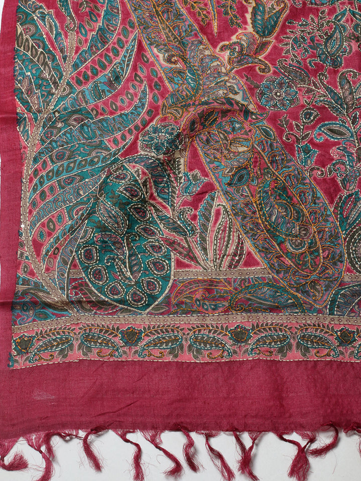 Printed Tussar Unstitched Kurta With Pant &amp; Dupatta