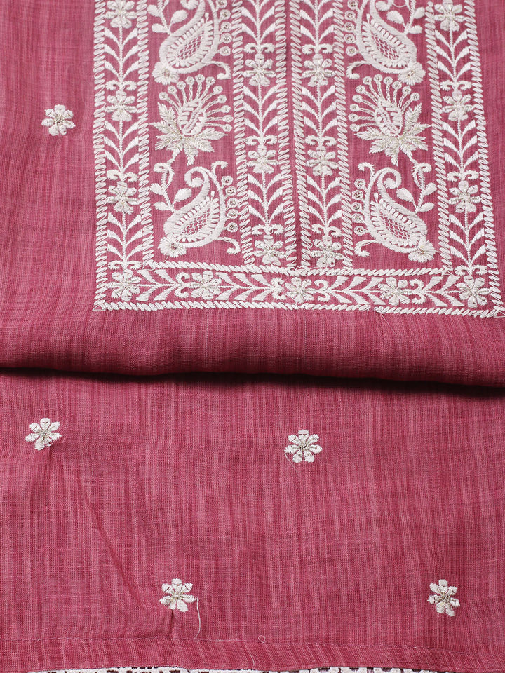 Embroidered Linen Blend Unstitched Suit With Pant &amp; Dupatta