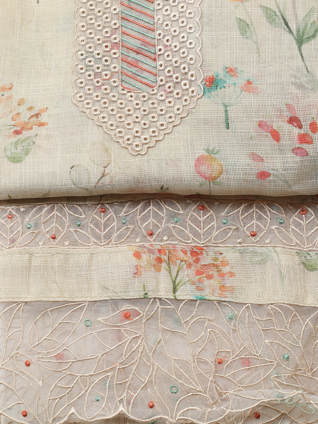 Printed Linen Blend Unstitched Suit With Pant &amp; Dupatta