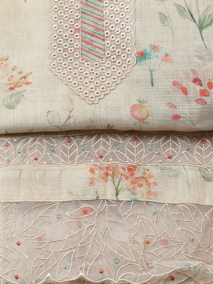 Printed Linen Blend Unstitched Suit With Pant &amp; Dupatta