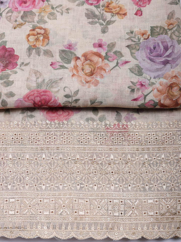 Embroidered Linen Blend Unstitched Suit With Pant &amp; Dupatta