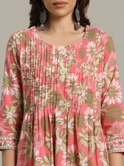 Floral Printed Cotton Blend Anarkali Kurta With Pants & Dupatta