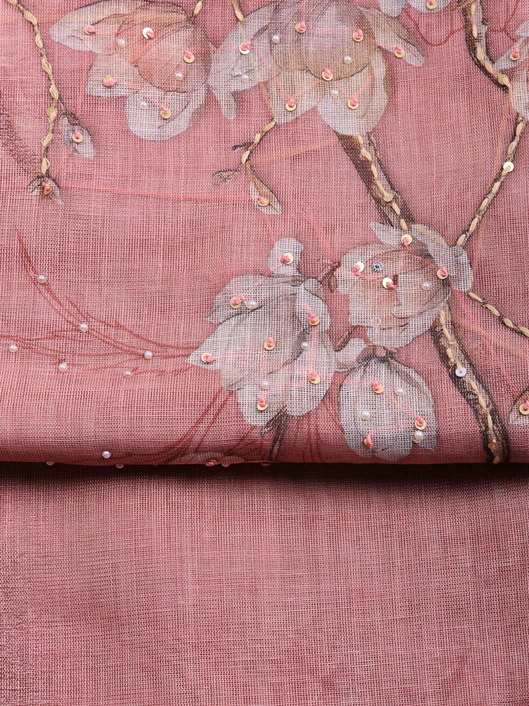 Printed Linen Blend Unstitched Suit With Pant &amp; Dupatta