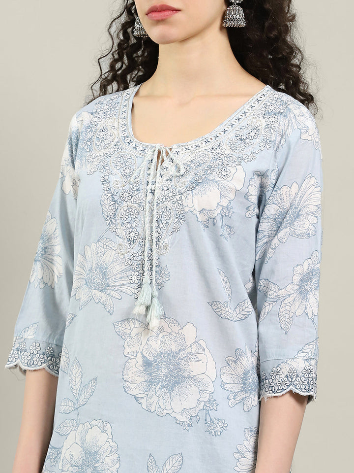 Printed Cotton Blend Kurta With Pants &amp; Dupatta